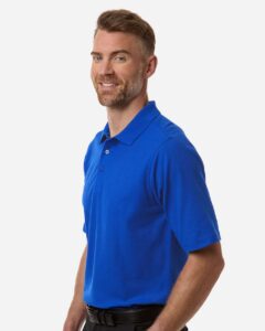 Harriton M105T Men’s Tall Maverick CVC Pique Polo – True Royal (on model side)