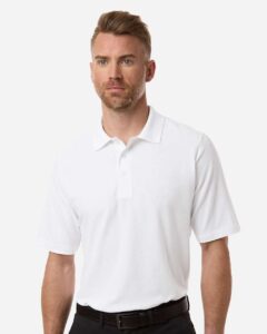 Harriton M105T Men’s Tall Maverick CVC Pique Polo – White (on model)