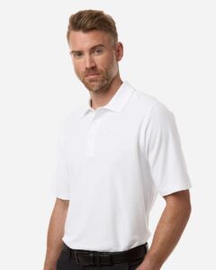 Harriton M105T Men’s Tall Maverick CVC Pique Polo – White (on model side)
