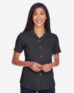 Harriton M570W Women’s Bahama Cord Camp Shirt – Black (on model)