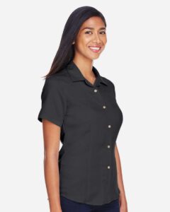 Harriton M570W Women’s Bahama Cord Camp Shirt – Black (on model side)