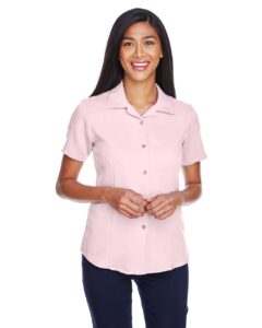 Harriton M570W Women’s Bahama Cord Camp Shirt – Blush (on model)