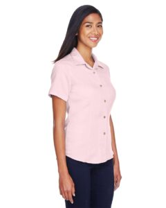 Harriton M570W Women’s Bahama Cord Camp Shirt – Blush (on model side)