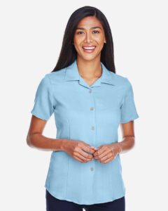 Harriton M570W Women’s Bahama Cord Camp Shirt – Cloud Blue (on model)