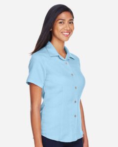 Harriton M570W Women’s Bahama Cord Camp Shirt – Cloud Blue (on model side)