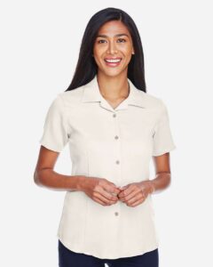 Harriton M570W Women’s Bahama Cord Camp Shirt – Cream (on model)