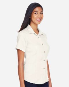 Harriton M570W Women’s Bahama Cord Camp Shirt – Cream (on model side)