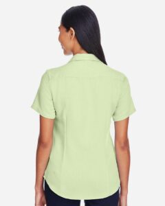 Harriton M570W Women’s Bahama Cord Camp Shirt – Green Mist (on model back)