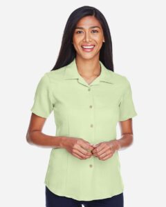 Harriton M570W Women’s Bahama Cord Camp Shirt – Green Mist (on model)