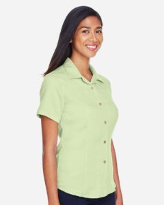 Harriton M570W Women’s Bahama Cord Camp Shirt – Green Mist (on model side)