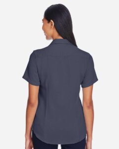 Harriton M570W Women’s Bahama Cord Camp Shirt – Navy (on model back)