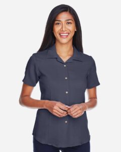 Harriton M570W Women’s Bahama Cord Camp Shirt – Navy (on model)