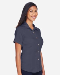 Harriton M570W Women’s Bahama Cord Camp Shirt – Navy (on model side)
