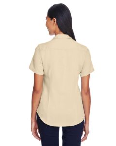 Harriton M570W Women’s Bahama Cord Camp Shirt – Sand (on model back)