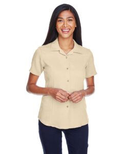Harriton M570W Women’s Bahama Cord Camp Shirt – Sand (on model)