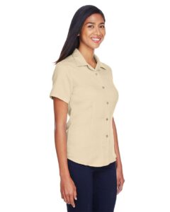Harriton M570W Women’s Bahama Cord Camp Shirt – Sand (on model side)