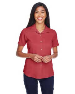Harriton M570W Women’s Bahama Cord Camp Shirt – Tile Red (on model)