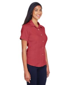 Harriton M570W Women’s Bahama Cord Camp Shirt – Tile Red (on model side)