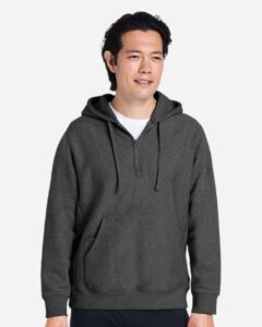 Team 365 TT97 Unisex Zone HydroSport™ Heavyweight Quarter-Zip Hooded Sweatshirt – Dark Grey Heather (on model)