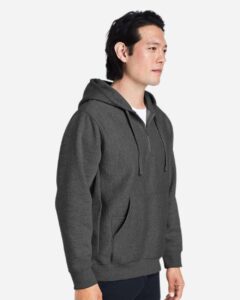 Team 365 TT97 Unisex Zone HydroSport™ Heavyweight Quarter-Zip Hooded Sweatshirt – Dark Grey Heather (on model side)