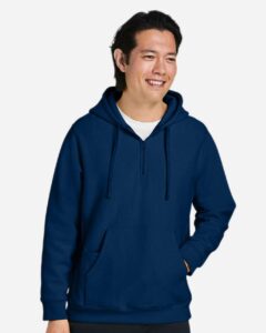 Team 365 TT97 Unisex Zone HydroSport™ Heavyweight Quarter-Zip Hooded Sweatshirt – Sport Dark Navy (on model)