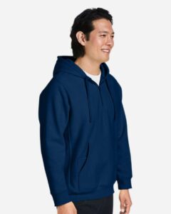 Team 365 TT97 Unisex Zone HydroSport™ Heavyweight Quarter-Zip Hooded Sweatshirt – Sport Dark Navy (on model side)