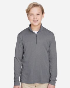Team 365 TT31HY Youth Zone Sonic Heather Performance Quarter-Zip Pullover – Dark Grey Heather (on model)