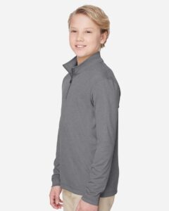 Team 365 TT31HY Youth Zone Sonic Heather Performance Quarter-Zip Pullover – Dark Grey Heather (on model side)
