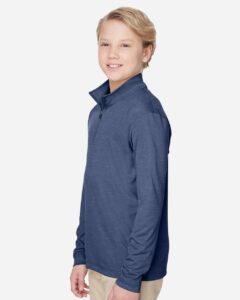 Team 365 TT31HY Youth Zone Sonic Heather Performance Quarter-Zip Pullover – Sport Dark Navy Heather (on model side)