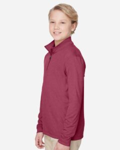 Team 365 TT31HY Youth Zone Sonic Heather Performance Quarter-Zip Pullover – Sport Maroon Heather (on model side)