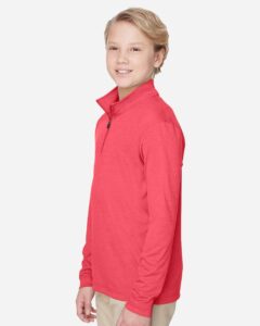 Team 365 TT31HY Youth Zone Sonic Heather Performance Quarter-Zip Pullover – Sport Red Heather (on model side)