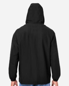 Harriton M73 Unisex Flex Twill Hooded Jacket – Black (on model back)