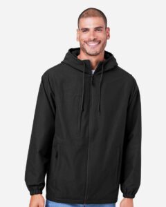 Harriton M73 Unisex Flex Twill Hooded Jacket – Black (on model)