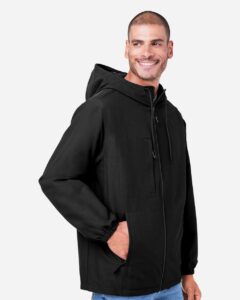 Harriton M73 Unisex Flex Twill Hooded Jacket – Black (on model side)