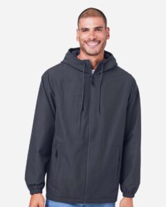 Harriton M73 Unisex Flex Twill Hooded Jacket – Dark Charcoal (on model)