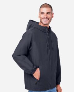 Harriton M73 Unisex Flex Twill Hooded Jacket – Dark Charcoal (on model side)