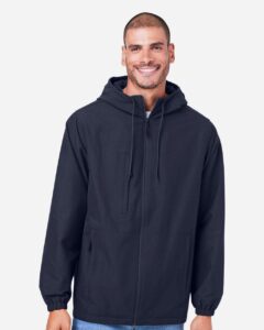 Harriton M73 Unisex Flex Twill Hooded Jacket – Dark Navy (on model)