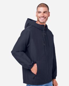 Harriton M73 Unisex Flex Twill Hooded Jacket – Dark Navy (on model side)