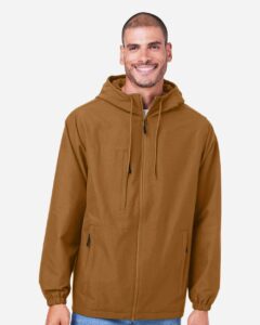 Harriton M73 Unisex Flex Twill Hooded Jacket – Duck Brown (on model)