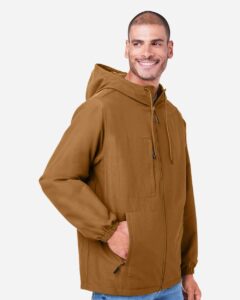 Harriton M73 Unisex Flex Twill Hooded Jacket – Duck Brown (on model side)