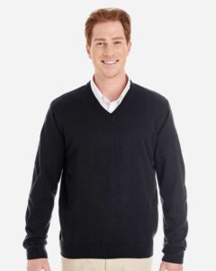 Harriton M420 Men’s Pilbloc™ V-Neck Sweater – Black (on model)