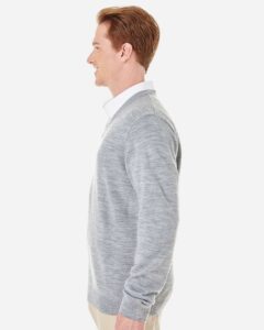 Harriton M420 Men’s Pilbloc™ V-Neck Sweater – Grey Heather (on model side)