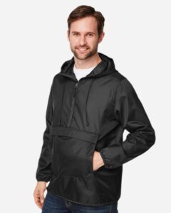 Team 365 TT77 Unisex Zone Protect Packable Anorak Jacket – Black (on model side)