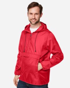 Team 365 TT77 Unisex Zone Protect Packable Anorak Jacket – Sport Red (on model side)