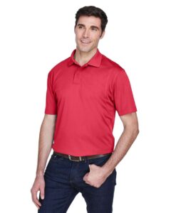 Harriton M354 Men’s Micro Piqué Polo – Red (on model side)