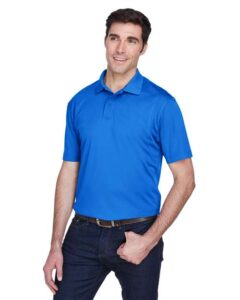 Harriton M354 Men’s Micro Piqué Polo – True Royal (on model side)