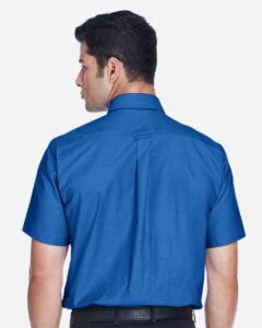 Harriton M600S Men’s Oxford Short Sleeve with Stain-Release – French Blue (on model back)