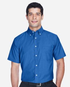 Harriton M600S Men’s Oxford Short Sleeve with Stain-Release – French Blue (on model)