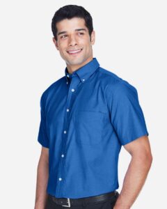 Harriton M600S Men’s Oxford Short Sleeve with Stain-Release – French Blue (on model side)