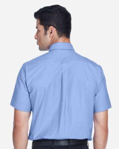 Harriton M600S Men’s Oxford Short Sleeve with Stain-Release – Light Blue (on model back)